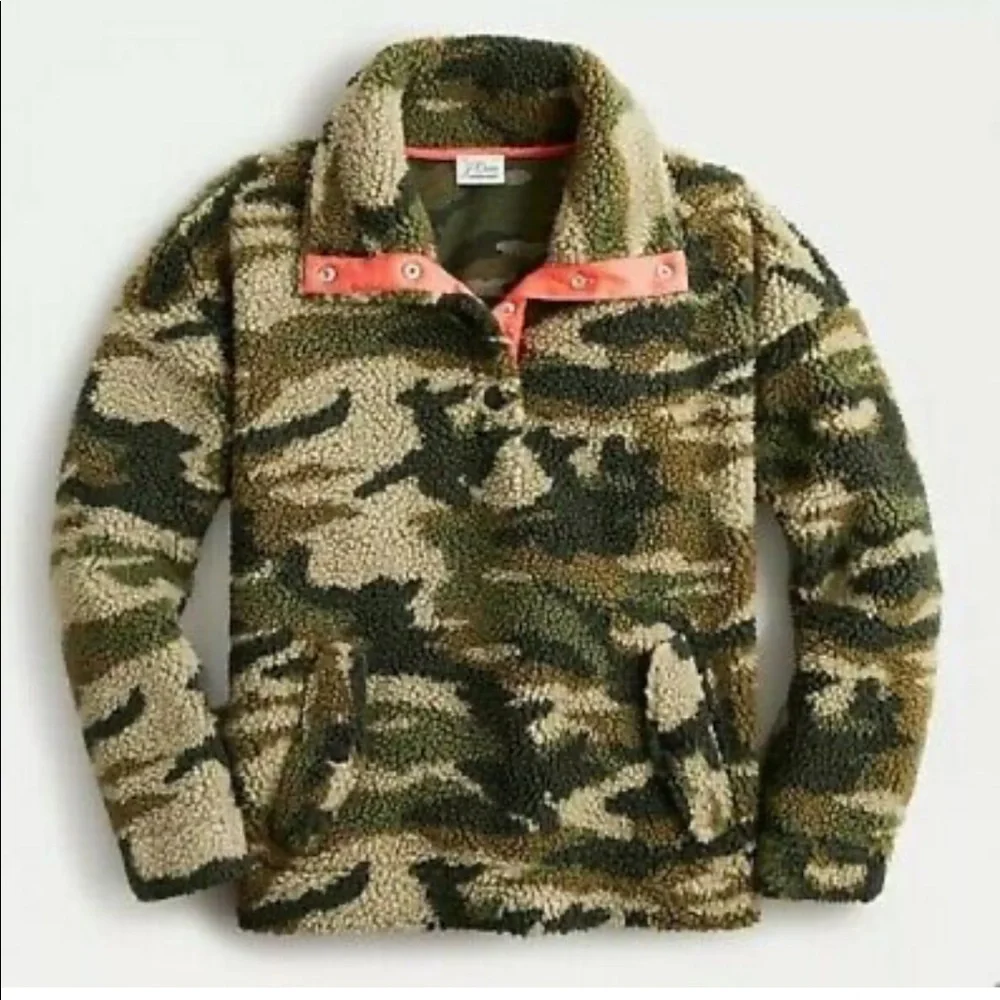 J. Crew Vintage Sherpa Fleece Pullover Jacket Camo Camouflage Olive Army Green